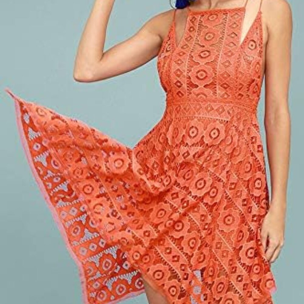 Free People Just Like Honey Orange Lace Mini Sleeveless Dress SZ 0 EUC - Picture 14 of 16